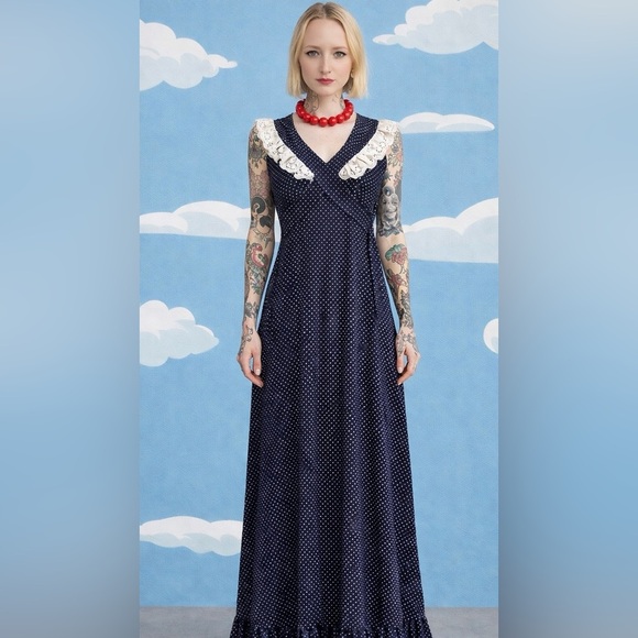 Vintage prairie dress- polka dot navy ruffle, lace cross tie maxi- XXS - Picture 14 of 14